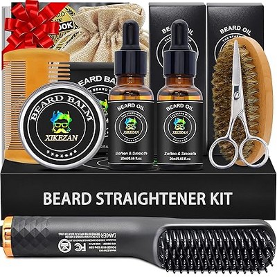 XIKEZAN Beard Kit for Men Grooming & Straightening Set,w/Beard Straightener, 2 Pack Oil, Balm, Comb, Scissor, Brush, Birthday Valentines Gifts