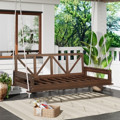 GDFStudio Joe Patio Acacia Wood Twin Size Porch Swing Bed with 16.4ft Hemp Ropes