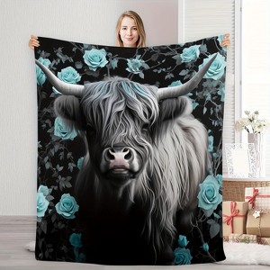Highland Cow & Blue Roses Flannel Throw Blanket - Soft, Warm, and Stylish with Black Animal Design, Perfect Gift for Friends and Family. - 1 of 4