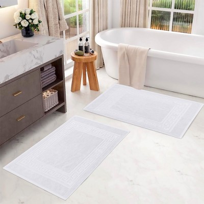 White Cotton Absorbent Bath Mat Set with Meander Border
