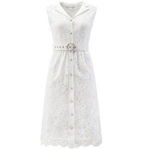 INSPIRE CHIC Women's Sleeveless Floral Lace Lapel Collar Wedding Belted Button Down A-Line Dress - 1 of 4