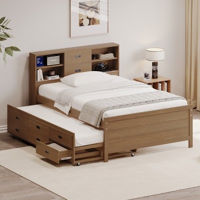 Twin/Full Size Wood Platform Bed with Bookcase Headboard, Trundle and Three Drawers for Kids and Teens, 4W-ModernLuxe
