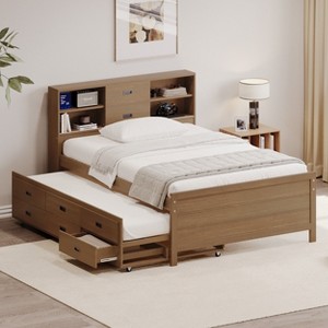 Twin/Full Size Wood Platform Bed with Bookcase Headboard, Trundle and Three Drawers for Kids and Teens, 4W-ModernLuxe - 1 of 4