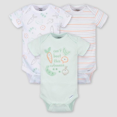 Image of Gerber Baby 3pk Vegetables Short Sleeve Onesies - Light Blue/White 3-6M