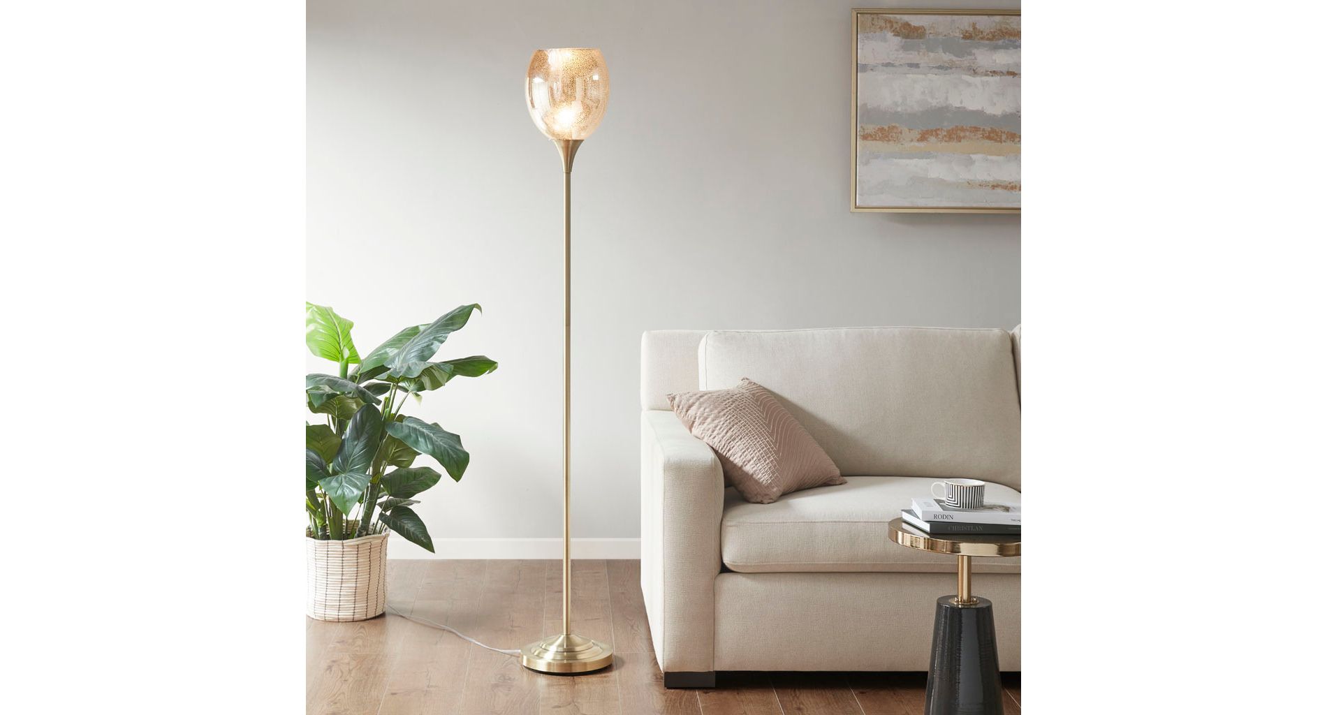 Uplight Floor Lamp with Antique Brass Finish and Mercury Glass Bowl Shade, 10"Dia x 67"H, LED Bulb Included for Living Room, Reading Corner