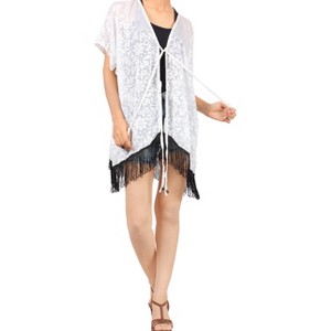 LA LEELA Women's Summer Open Front Vacation Beachwear Bathing Suit Boho Beach Duster Holiday Cover ups Cardigan XL-XXL White, Floral - 1 of 4