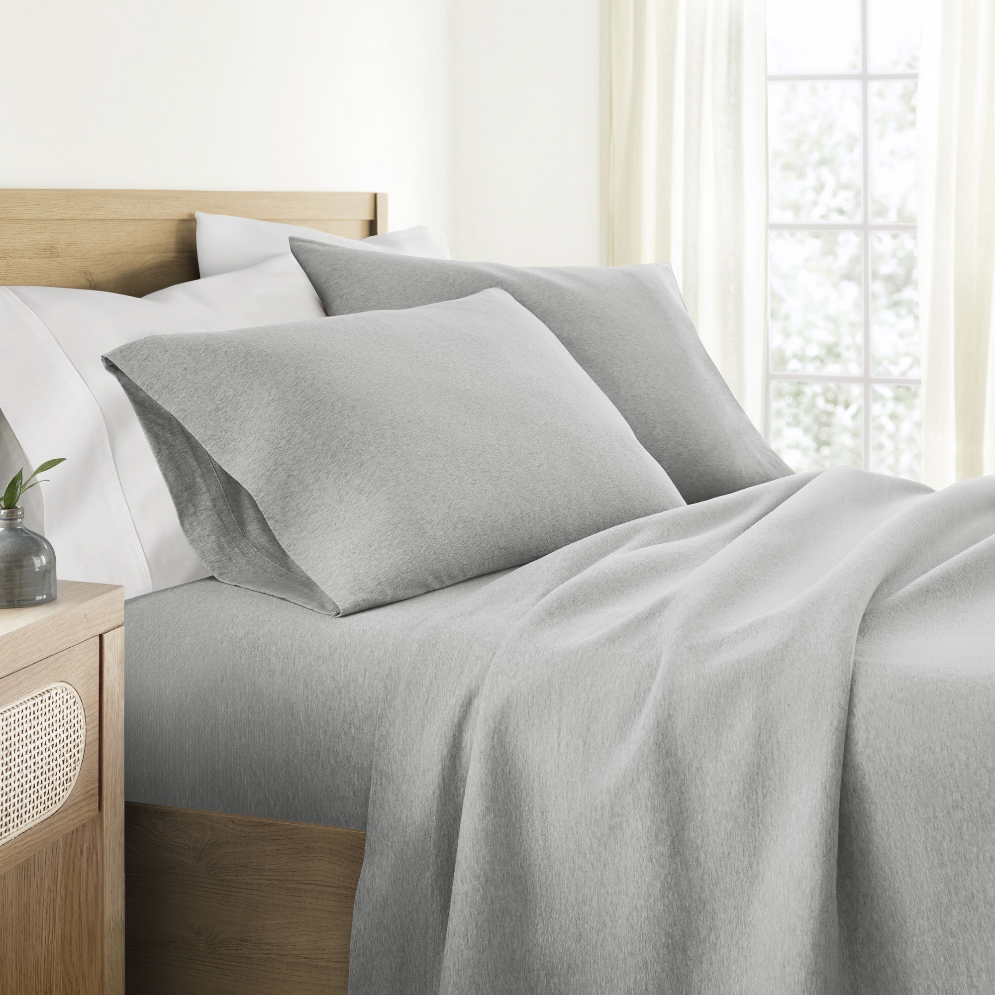 100% Cotton Jersey Sheets Set - Soft, Breathable, Deep Pockets, Easy Care - 4 Pieces - Becky Cameron, Light Gray, King