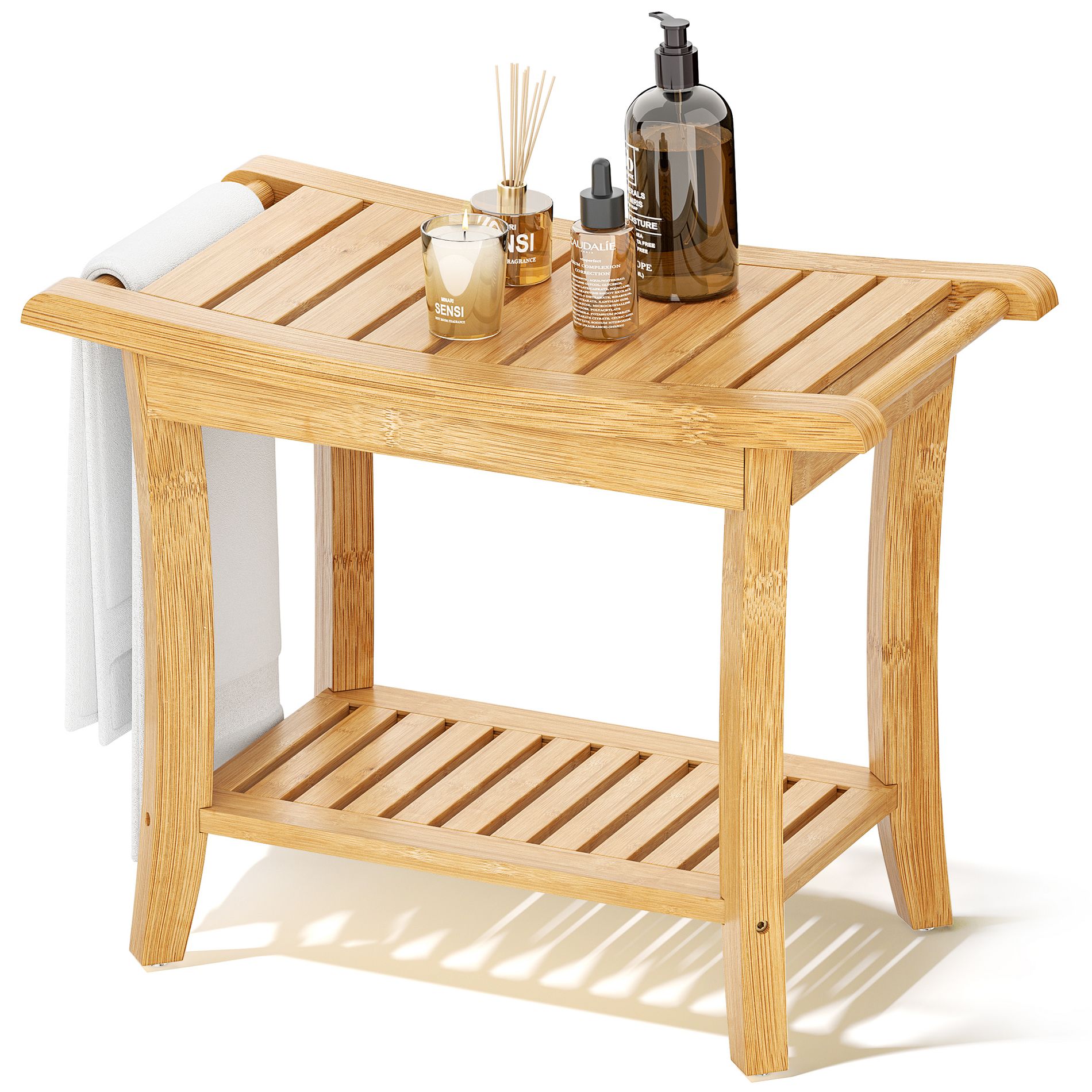 Bamboo Shower Bench with Storage Shelf and Handles, Waterproof Shower Seat for Inside, Shower Bath Stool for Spa, Sauna, Pool Deck, Patio, (Beige)