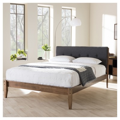 King Gray Walnut Wood Upholstered Platform Bed with Tufted Headboard