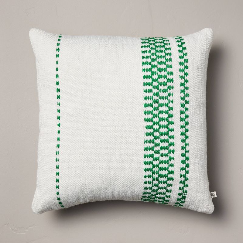 18&#34;x18&#34; Checkered Stripe Indoor/Outdoor Square Throw Pillow Cream/Green - Hearth &#38; Hand&#8482; with Magnolia, 1 of 6