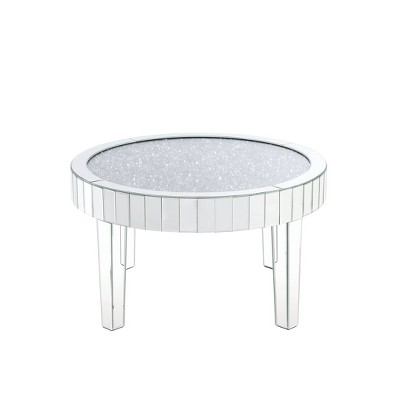 Sleek Round Mirrored Wood Coffee Table with Faux Diamonds