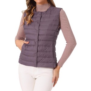 INSPIRE CHIC Women's Sleeveless Lightweight Button Up Quilted Round Neck Winter Puffer Vest - 1 of 4