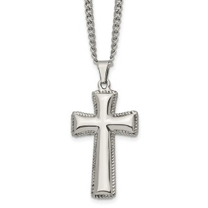 Black Bow Jewelry Men's Stainless Steel Polished Pillow Cross Necklace, 24 Inch - 1 of 4