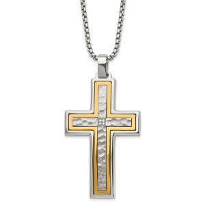Chisel Stainless Steel Brushed and Yellow IP-plated with Cubic Zirconia Cross Pendant on a 24" Box Chain Necklace - 1 of 1