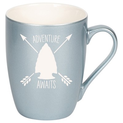 100 North Arrow Head 10 Ounce Frosted Blue Metallic Finish, Comfortably Fits Your Hands, New Bone China Coffee Tea Cup Mug, Adventure Awaits