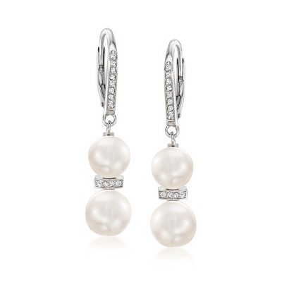 Ross-Simons 7.5-9mm Cultured Pearl and .15 ct. t.w. Diamond Drop Earrings in Sterling Silver