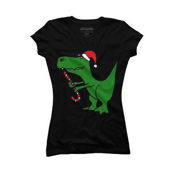 Junior's Design By Humans Funny Christmas Green T-rex Dinosaur By SmileToday T-Shirt