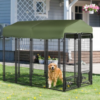 Outdoor Dark Green Steel Dog Kennel with Canopy
