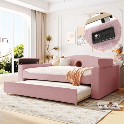 NicBex Twin/Full Size Teddy Fleece Daybed with Storage Armrests,Trundle and Latest Integrated Bluetooth Audio System