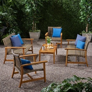 Christopher Knight Home Hampton Outdoor Acacia Wood and Wicker 6 Seater Chat Set - 1 of 4