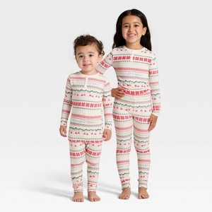 Toddler "Let it Snow" Fair Isle Cozy Knit Long Sleeve Shirt and Pants Holiday Matching Family Pajama Set - Wondershop™ Cream - 1 of 4