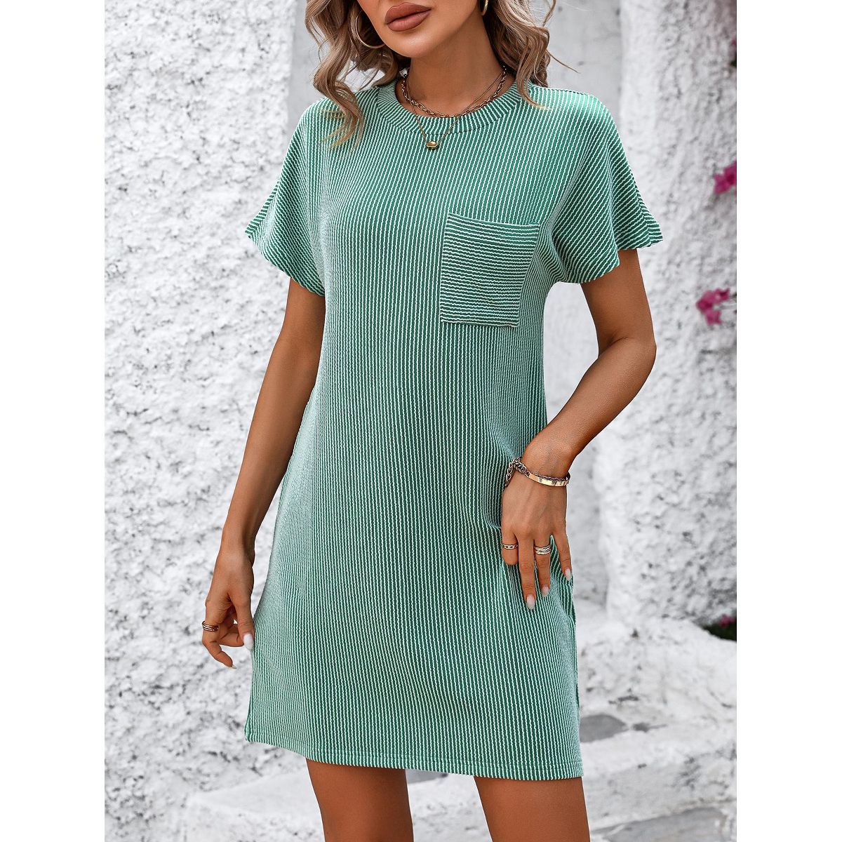 Summer Lounge Dress for Women Crew Neck Striped Comfy Pajamas Dress Casual T Shirt Dresses Summer Casual Shift Dress with Faux Pockets - thumbnail 9