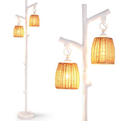 Tangkula Dimmable Floor Lamp 2 Light Tree Trunk Wicker Shade Wood Grain Tube Living Room