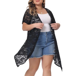Agnes Orinda Women's Plus Size Lace Crochet Short Sleeves Sheer Open Front Trendy Cardigan - 1 of 4