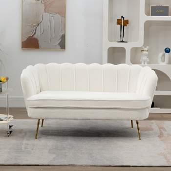 59"W Upholstered Loveseat Sofa Couch, Two-Seater Sofa with Gold Metal Legs, Ivory White-ModernLuxe