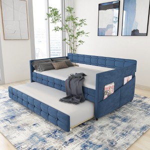 APRILSOUL Blue Velvet Twin Daybed with Trundle, Button-Tufted, No Box Spring, 2 Side Pockets, Easy Assembly, Modern Luxe Guest/Seating - 1 of 4