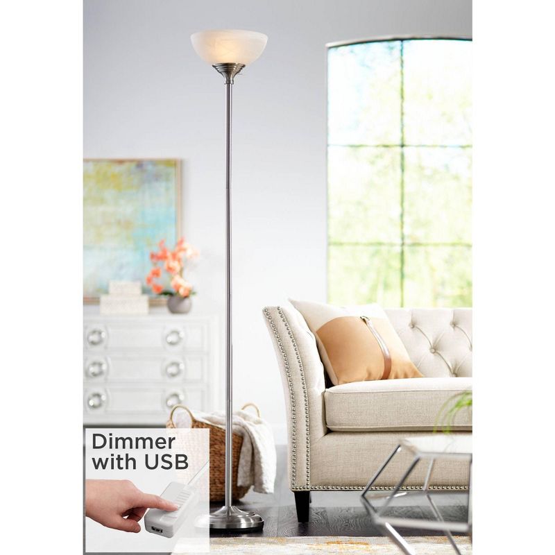360 Lighting Modern Torchiere Floor Lamp with USB Charging Port 71” Tall Satin Nickel Alabaster Glass Shade Living Room Reading, 2 of 9