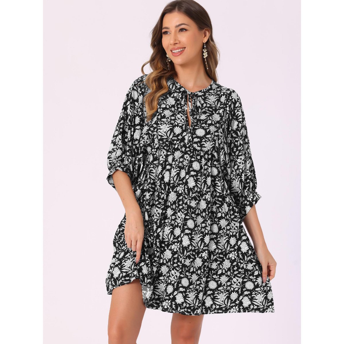 Женские платья INSPIRE CHIC Women's Floral V Neck 3/4 Sleeve Casual Mini Flare Dress Black Small — фото 2
