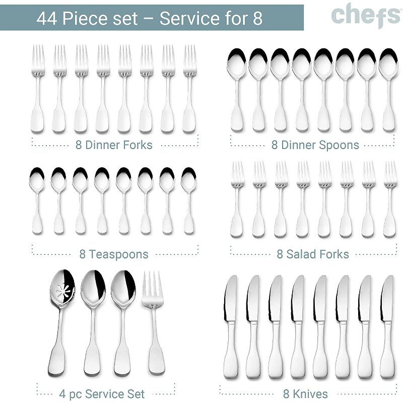 Chefs 18/10 Stainless Steel 44pc Flatware Set, Service for 8, Toulon Satin, 2 of 7