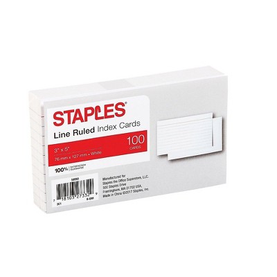 Staples 3" x 5" Line Ruled White Index Cards 100/Pack (50993) TR50993