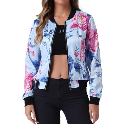 INSPIRE CHIC Women's Stand Collar Floral Prints Zip Up Lightweight Short Jacket