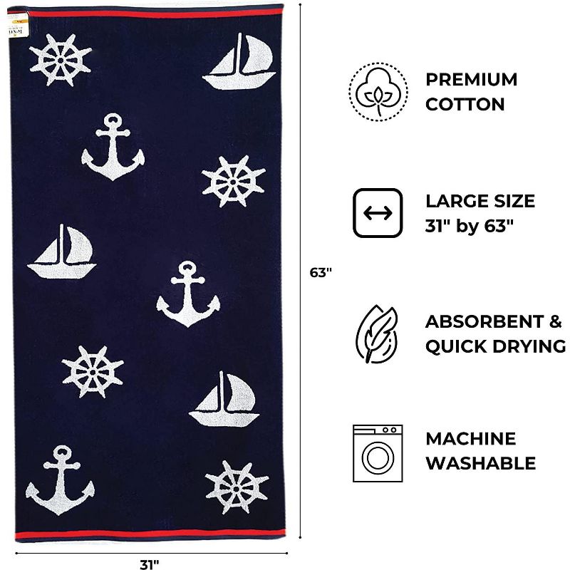 Kovot Beach Towel, 100% Cotton Towel, 31" x 63", Super Soft, Ultra Absorbent, Quick Dry and Machine Washable Beach Towels (Ahoy), 2 of 6