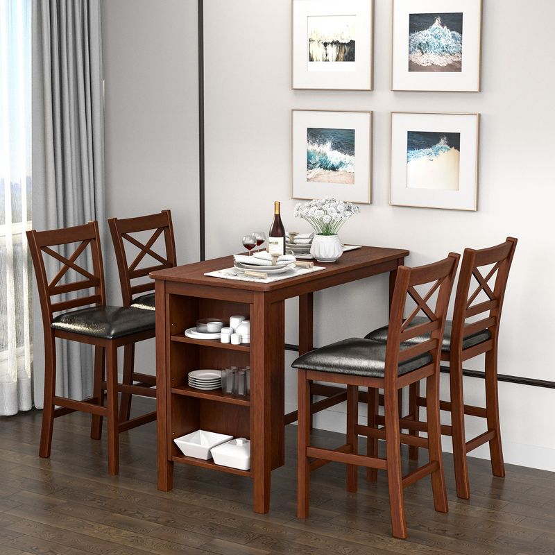 Costway 5PCS Pub Dining Table Set w/ Storage Shelves&4 Upholstered Chairs Walnut, 2 of 10