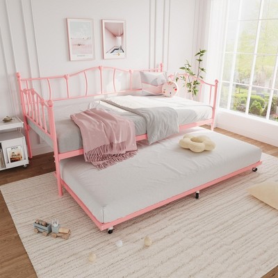 Whizmax Metal Daybed Frame with Trundle Heavy Duty Metal Slats/Mattress Foundation Platform Sofa Bed with Headboard for Bedroom, Twin