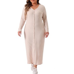 Agnes Orinda Women's Plus Size V Neck Long Sleeve Button Down Ribbed Knit Bodycon Midi Sweater Dresses - 1 of 4