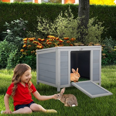 DOMETOUR Small Wood Rabbit Hutch Bunny Cage with Weatherproof Openable Top, Door Ramp, Indoor Outdoor House for Guinea Pig Small Animals Gray