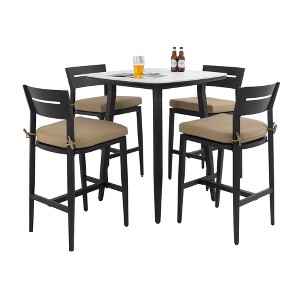 UNISOAR Modern 5PC Outdoor Patio Bar Set,Rounded Square Sintered Stone Table & 4 Swivel Bar Chairs,Non-Rust Aluminum Frame, Marble-Inspired Top - 1 of 4