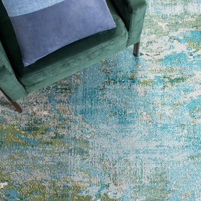 Light Blue and Green Abstract Distressed 6' x 9' Rug