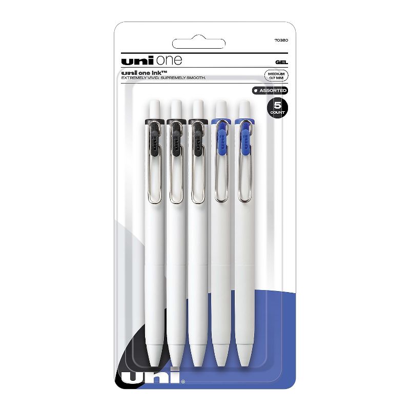 uni-ball uni one Retractable Gel Pens Medium Point 0.7mm Black/Blue Ink 5/Pack (70380), 1 of 9