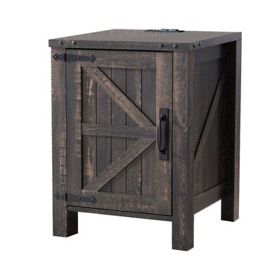 OKD Nightstand with Charging Station, Farmhouse End Table w/Barn Door