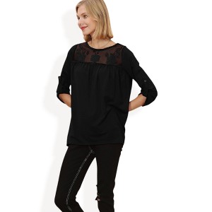 Anna-Kaci Women's 3/4 Sleeve Loose Fit Top with Sheer Floral Lace Yoke and Button Tab Sleeves - 1 of 3
