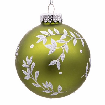 Sage Green Glass Ball Ornaments with White Leaf Design, Set of 6