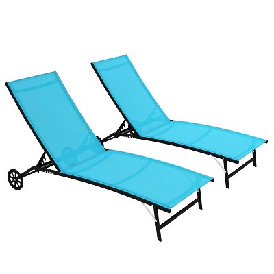 65.25'' 2 Piece Patio Chaise Lounge Chair with Wheels, Tanning Chair with 5 Adjustable Positions Blue