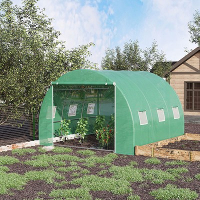 Outsunny Green Walk-In Tunnel Greenhouse with PE Cover and Zipper Doors