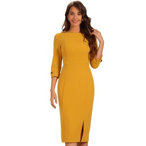 INSPIRE CHIC Women's Elegant Boat Neck 3/4 Sleeves Work Midi Split Sheath Dress - 1 of 4