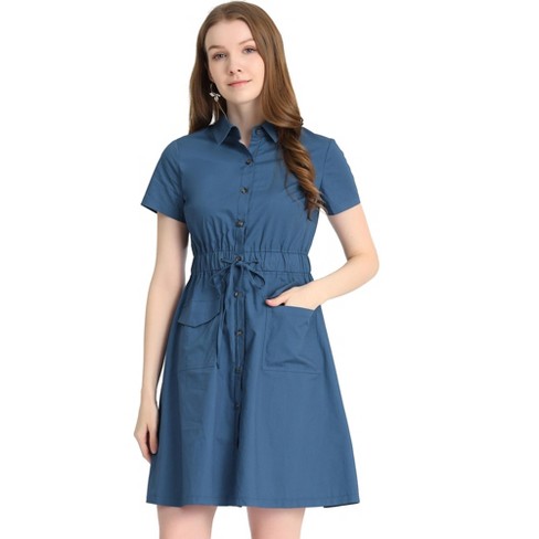 Allegra K Women's Collared Short Sleeve Safari Pocket Belt Button up Shirt  Dress 